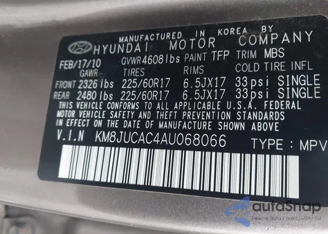 2010 Hyundai Tucson Gls from USA, damaged, VIN KM8JUCAC4AU068066